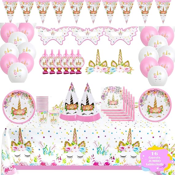 Unicorn Birthday Decorations for Girls, Purple Party Supplies and Plates, Best Value Decorations Set,Baby Shower, Serves 16 Guests