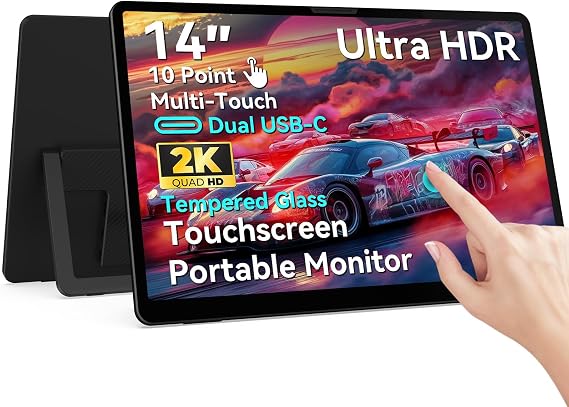 14 inch Portable Touchscreen Monitor, 2K 3:2 QHD IPS Display with Tempered Glass, USB-C HDMI, Kickstand & Sleeve, Travel Monitor, External Second, Portable Touch Screen for Laptop, Phone, PC