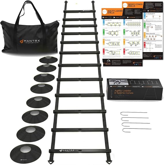 Agility Ladder Set, 12-Rung Speed Ladder + Training Cones, Soccer Training Equipment, Footwork Drills Kit, Speed & Agility Equipment, Football Practice Equipment, Basketball Gear