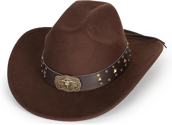 Women-Classic-Western-Cowboy-Shapeable-Hat - Men-Roll-Up-Wide-Brim-Felt-Fedora-Hats-Cowgirl-Hat with Belt Buckle(M-L)