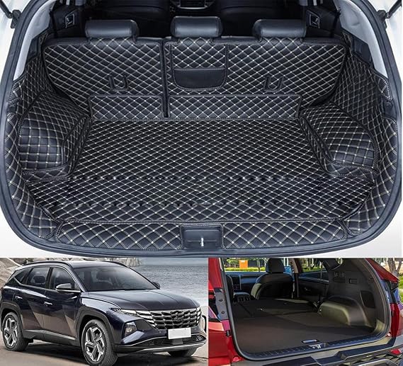 / Car Full encirclement Leather Boot Cargo Liner Tray Rear Trunk Floor Mat for Hyundai Tucson [US] 2021-2022-2023, black