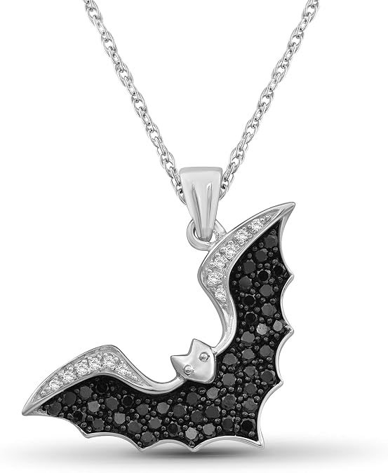 JEWELEXCESS Diamond Bat Necklace Halloween Jewelry 1 CTW Black and White Diamond Halloween Necklace Sterling Silver Rope Chain with Bat Pendant Witchy Jewelry for Women