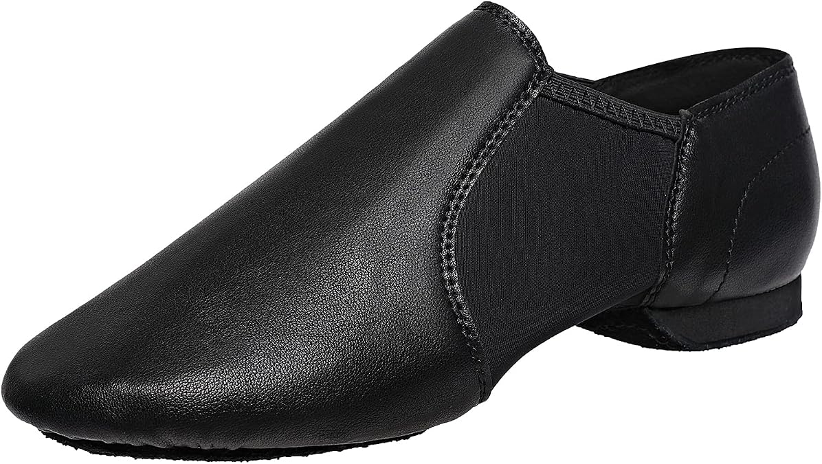Black Slip-on Jazz Shoes Elastic Leather Sole Dance for Men Womens
