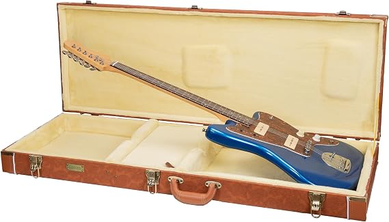 Crossrock Relief Series Jazzmaster/Jaguar Guitar Case for Offset Electric Guitars | Carved Red Wood Finish, Ivory Plush Interior, Lock Premium Wooden Hardshell