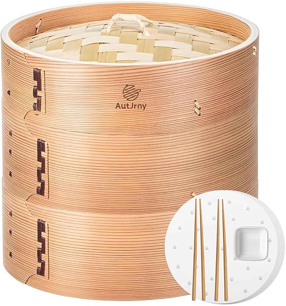 Cedar Steamer Basket 10 Inch | Extra-Deep 2 Tier Bamboo Steamer for Cooking | 50 Liners, 2 Chopsticks, Sauce Dish | Steaming Asian Food, Bao Buns, Dim