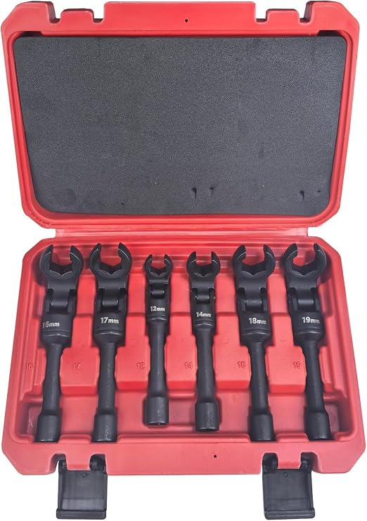 6 Piece Long Curved Head Line Wrench Set, 3/8 Inch Drive Syringe Fuel Line Fishtail Trumpet Socket Wrench Metric 12/14/16/17/18/19 mm