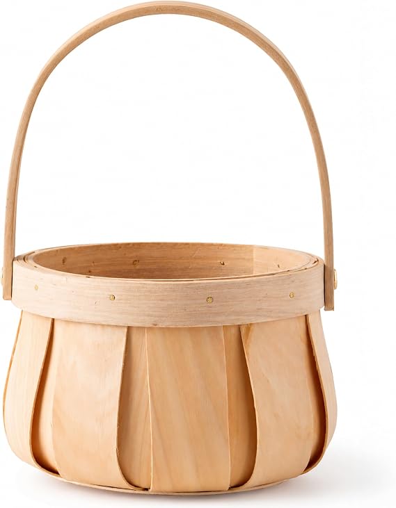 Small Round Woodchip Basket with Handle, Natural Decorative Storage