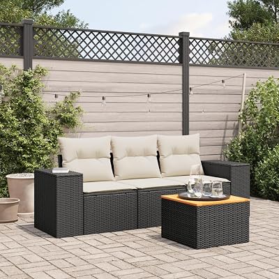 4 Piece Modular Garden Sofa Set Black Cream White 21.7x21.7x14.6 Outdoor Conversation Set with Poly Rattan Coffee Table for Patio Balcony