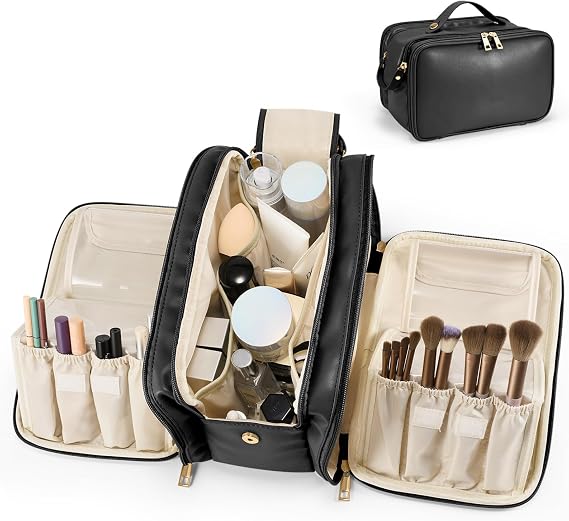 HauteHues Travel Makeup Bag Women's Large Capacity Cosmetic Organize Black