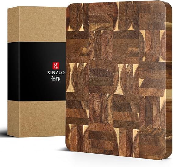 XINZUO Large Thick End Grain Acacia Wood Cutting Board -(16L x 12''W x 1.6''T)-Dark Wood Cutting Board,Reversible Wooden Chopping Board with Non-Slip Feet-Catches Food and Waste-Giftbox