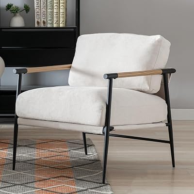 HEAH-YO Modern Accent Chair Set of 1, Upholstered Chenille Fabric Living Room Chair with Backrest, Comfy Armchair Side Chair for Bedroom, Beige