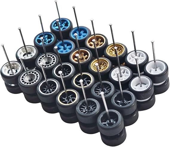 1/64 Wheels and Tires Set, 12-Pack 1 : 64 Scale Wheels Rubber Tires with Easy-Install Axles, Mixed Styles, for 1/64 Diecast Cars