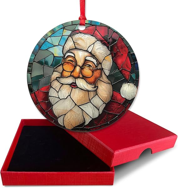 Acrylic Christmas Hanging Ornament (Stained Glass Effect), Santa Claus Ornament with Gift Box, Acrylic Christmas Tree Decorations -SDGS02