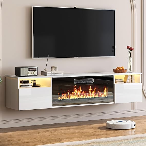 80" Fireplace TV Stand with 36" Electric Fireplace Heater, Entertainment Center with Tempered Glass & High-Gloss Finish, LED Ambient Lighting for TVs Up to 80",Wall Mounted, White