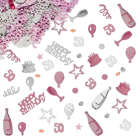 OSDUE Pink Gold Silver Happy Birthday Confetti, 3000 Pieces 50 Years Birthday Cake Confetti, Metallic Foil Balloon Table Scatter Confetti Decoration Supplies, for Birthday Party (50th Style)