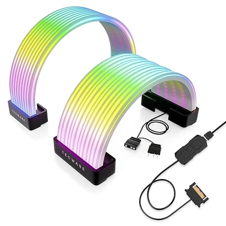 TECWARE Flex RGB Cable Cover Kit | Compatible with 24-Pin Motherboard and 8-Pin/16-Pin GPU | ARGB PSU Cable Extension with 5V 3-Pin Sync | RGB Lighting Kit for PC Cables | Black