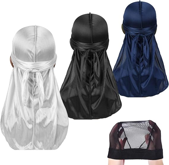 3 Pairs Silky Durag with Wavy Cap for Men Women Satin Cloth Long Hair Scarf