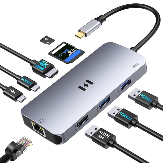 USB C Adapters for MacBook Pro/Air, Selore 9 in 1 USB C Hub with 4K HDMI, 3 * 5Gbps USB 3.1 GEN1 Port, 1Gbps Ethernet, 100W PD, 1*USB 2.0 dongle for Dell, HP and More