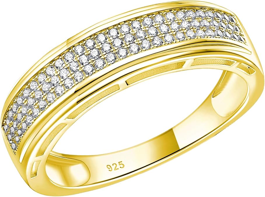 Wedding Rings For Men 925 Sterling Silver Rings Men'S Hip Hop Anniversary Wedding Band Gifts For Men Gold Plated 1ct Micro Pave Cubic Zirconia