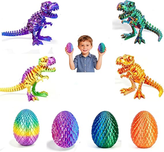 4PCS 3D Printed Dinosaur Easter Eggs, Skeleton T-Rex Figure with Large Storage Crystal Eggs, Fidget Dinosaur Toys, Perfect Easter Basket Stuffers Birthday Gifts for Kids Boys Girls