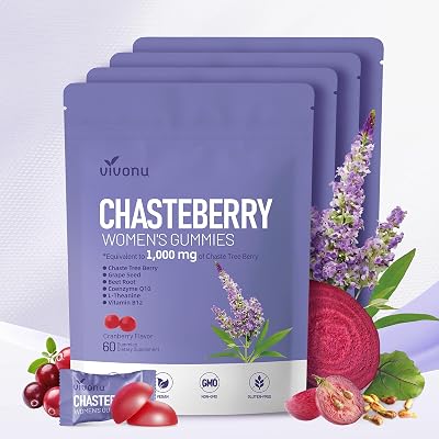 VivoNu Vitex Chasteberry Supplement for Women Gummies, 1000mg Chasteberry Extract, Contains Grape Seeds, Coenzyme Q10 Vitamin B12 and Other Hormone Balance Menstrual Cramp Relief 240 Gummies4Pack