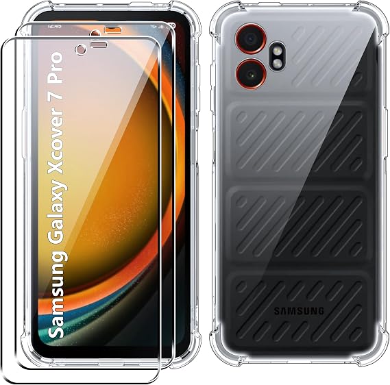 CAUHENYEE Samsung Galaxy Xcover 7 Pro Clear Case with 2 PC Tempered Glass Screen Protector Soft TPU Silicone Case with Camera Case Shockproof