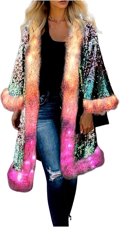 LED Light up Sequin Coat for Women Flash Sparkly Jacket Rave Costume Music Festival Outfits Parties Halloween Holiday