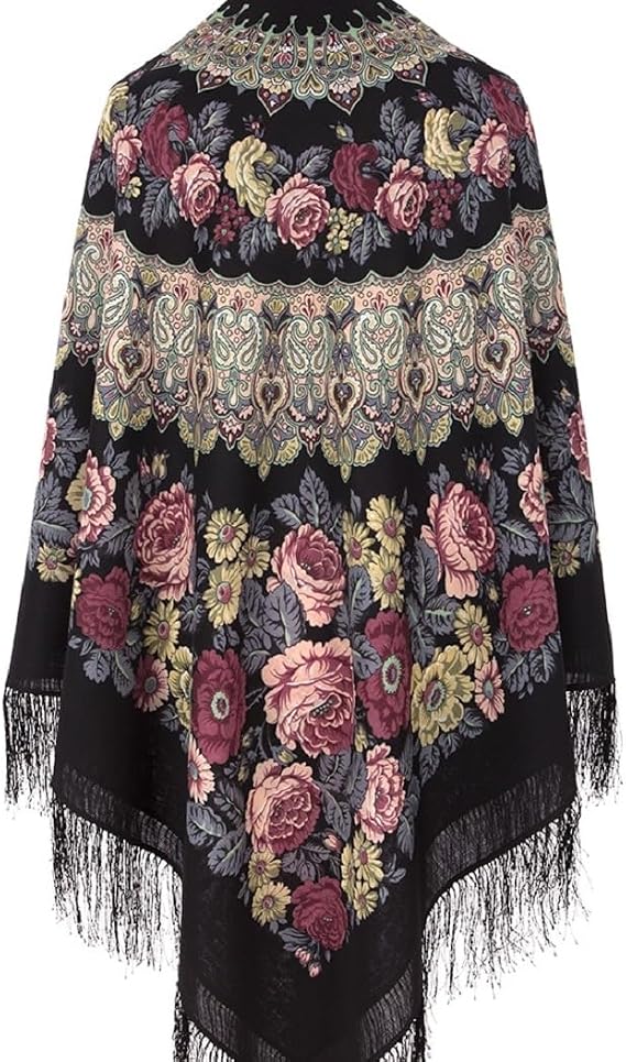 Pavlovo Posad Russian Shawl 100% Wool 57x57 inches Pashmina Scarf 146x146 cm Woolen Huge Square Wrap Silk Tassels Fringe Pavlovoposadskiy Platok Pavloposadsky Shawl 353-20