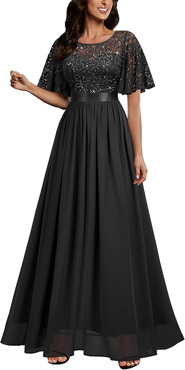 Miusol Women's Elegant Sequin Lace Butterfly Sleeve Formal Evening Maxi Dress