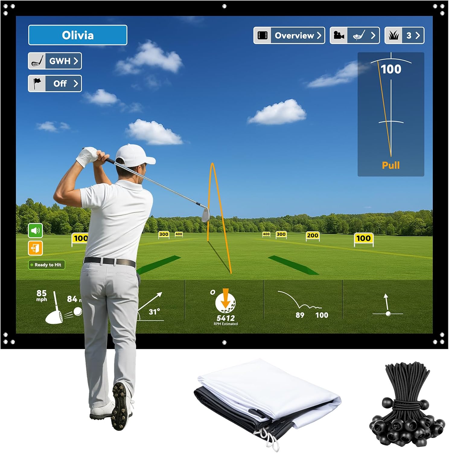 9x7ft Golf Simulator Impact Screen for Training, 14 Gromment Holes,Durable Projector Screen with 10 Bungee Cords, 2 Layer Impact Screen for HomeIndoorGarage