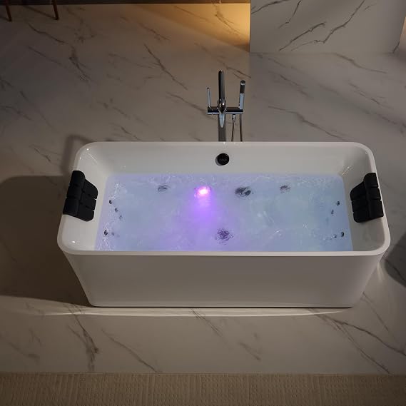Empava Update Acrylic Whirlpool Bathtub, 67-Inch Freestanding Rectangular Jetted Bathtub with Healing Chromotherapy, 18 Hydromassage Jet, Double-Ended Bathtub with Black Pillows and Nozzles