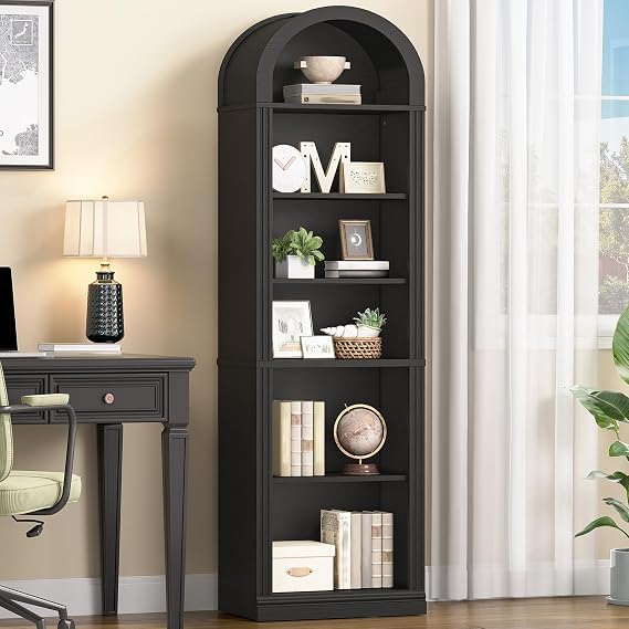 RALGEND Arched Bookshelf, 75.8" Tall Narrow Bookshelf, Arch Bookcase with Storage, 6-Tier Farmhouse Book Shelf, Wooden Arched Cabinet with Open Display Shelves, Adjustable Shelf, Black