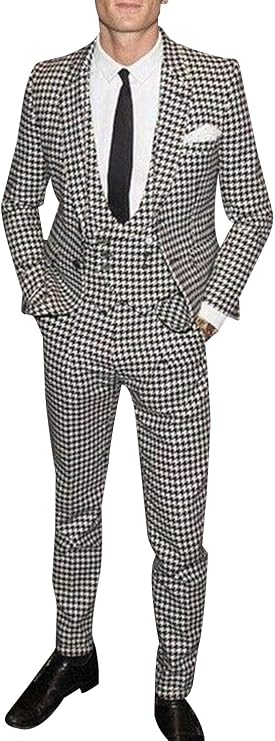 Men's Houndstooth 3-Piece Suit Formal Wedding Prom Tuxedos Jacket Vest and Trousers