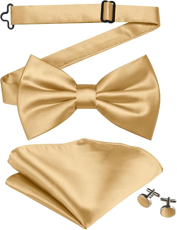Bow Ties for Men Solid Color Pre-Tied Bow Tie and Pocket Square Cufflinks Set