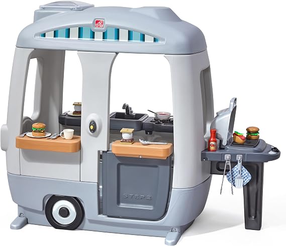Step2 Adventure Camper Kids Playhouse, Indoor/Outdoor Playset with Kitchenette, Interactive Doorbell Sounds, 52-Piece Toy Accessories, Durable Plastic, For Toddlers 2+ Years