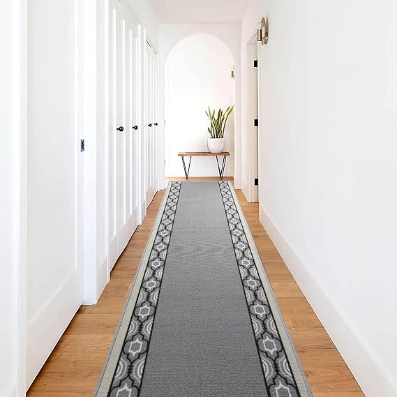 RugStylesOnline Custom Runner Trellis Border 26 Inch Wide x Your Length Size Choice Slip Skid Resistant Rubber Back Extra Long Rug Runners (Grey, 25 ft x 26 in)