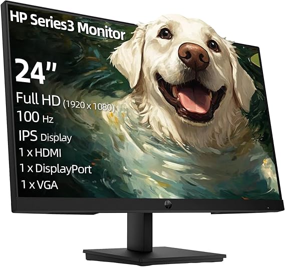 HP 23.8 Inch IPS Monitor, Full HD 1080p Display, 100Hz Refresh Rate, 5ms Response Time, HDMI, DisplayPort, VGA, VESA Wall Mountable, Anti-Glare Screen, Tilt Adjustable Stand, Black