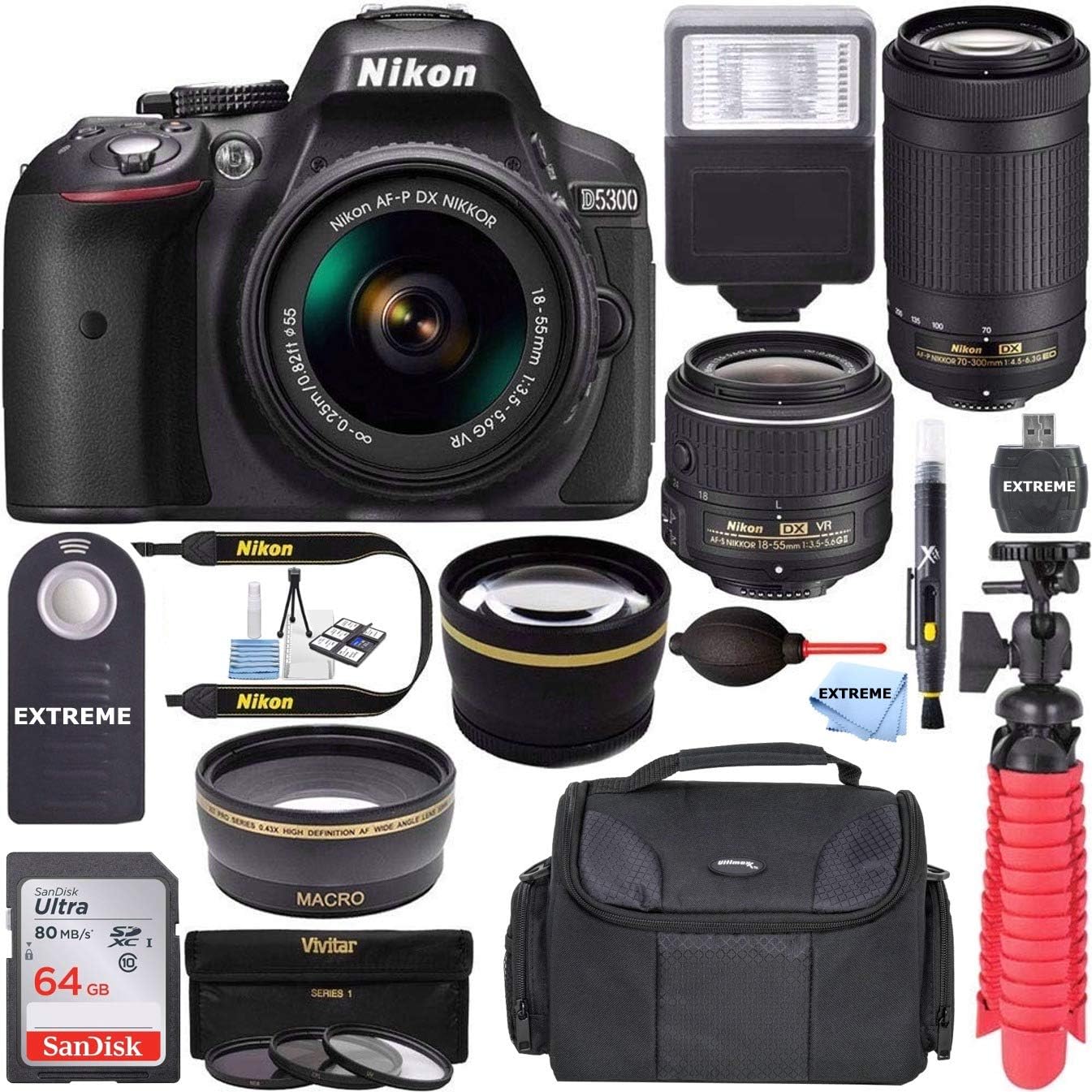 Nikon D5300 24.2 MP DSLR Camera  AF-P DX 18-55mm & 70-300mm NIKKOR Zoom Lens Kit  64GB Memory  Photo Bag  Wide Angle Lens  2X Telephoto Lens  Flash  Remote Bundle