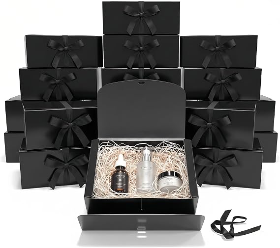 ZSZMFH 15 PCs Gift Boxes with Lids, 12" x 8" x 4" Black Gift Boxes with Ribbon, Bridesmaid Proposal Box, Kraft Paper Gift Box for Wedding, Packaging, Present, Birthday, Cupcake Boxes, Crafting