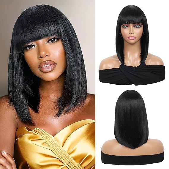 Kalyss Bob Wigs for Women Short Straight Black Bob Wig with Hair bangs Natural Looking Heat Resistant Synthetic Black Hair Wigs for Women 13 Inches