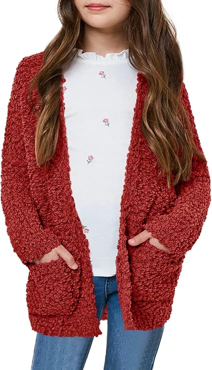 Girls Casual Open Front Long Sleeve Cardigan Pocket Fashion Sweater Outwear