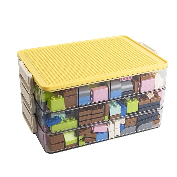 Toys Storage Organizer Bins for Lego, Stackable Toys Organizer, Lego Building Block Storage, Toy Storage Box with 24 Palace Grids, Plastic Stackable Organizer Bins (Yellow 3layers)
