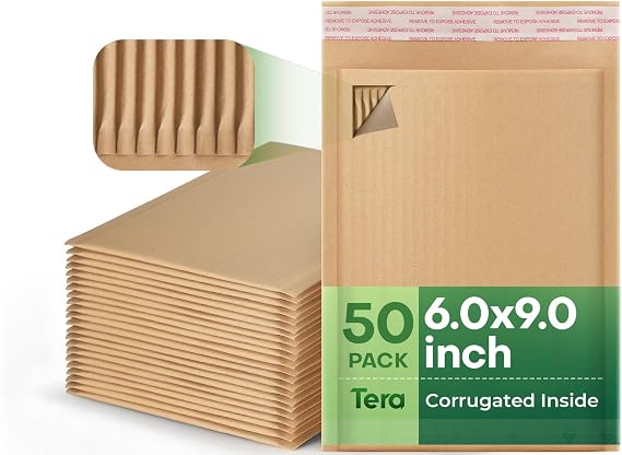 Tera Rigid Mailers Kraft Envelopes: 50 Pack 6x9 Inches Recyclable Mailers Mailing Envelopes 80gsm Padded Kraft Self Seal Corrugated Inside for Document CD Photos File Postcard Small Business