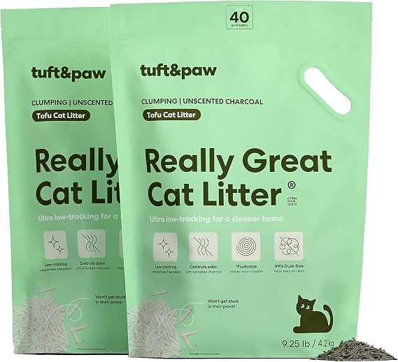 Tuft & Paw Really Great Cat Litter, Ultra Low Tracking Tofu Cat Litter, Clumping, Flushable, Odor Control, Dust-Free, Unscented - 9.25lbs x 2Bags (Charcoal)