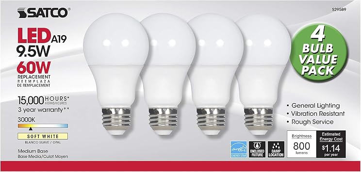 Satco S29589 Medium Light Bulb in White Finish, 4.38 inches, 3000k; Medium Base; 220 deg. Beam Angle