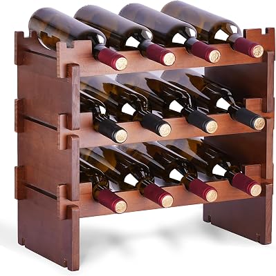 IWNTWY Wine Rack, 12 Bottles 3-Tier Stackable Wine Racks, Wooden Wine Bottles Storage Racks for Kitchen Cabinet Countertop, Free Standing Floor Wine Holder Display Shelf, No Tools Assembly