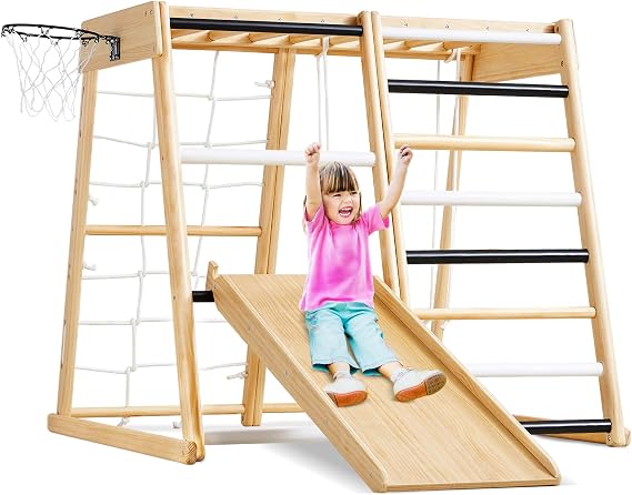 Beright 8-in-1 Kids Indoor Playground, Jungle Gym for Toddlers, Wooden Climbing Toys Playset with Slide, Climbing Wall, Swing, Rope Climber, Monkey Bars, Ladder, Basketball Hoop, Age 3-6