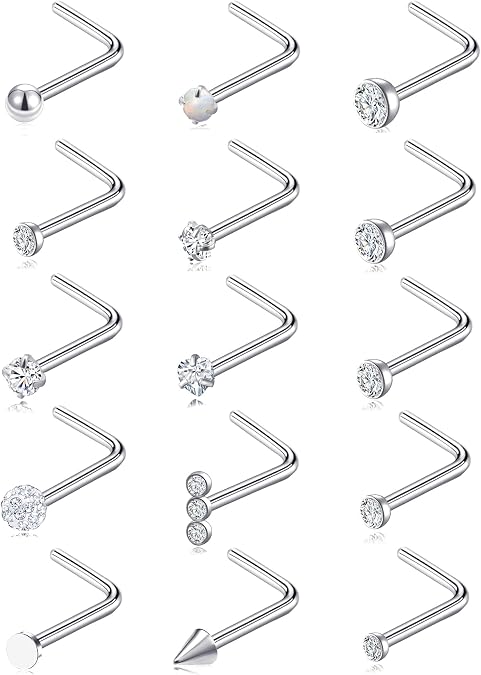Akeoqi 15PCS G23 Titanium Nose Studs Ring L-Shaped Round CZ Ball Opal Star Heart Nose Studs Nostril Body Piercings Jewelry Set for Women Men Silver Gold Tone 20G 1.5mm 2mm 2.5mm 3mm 3.5mm