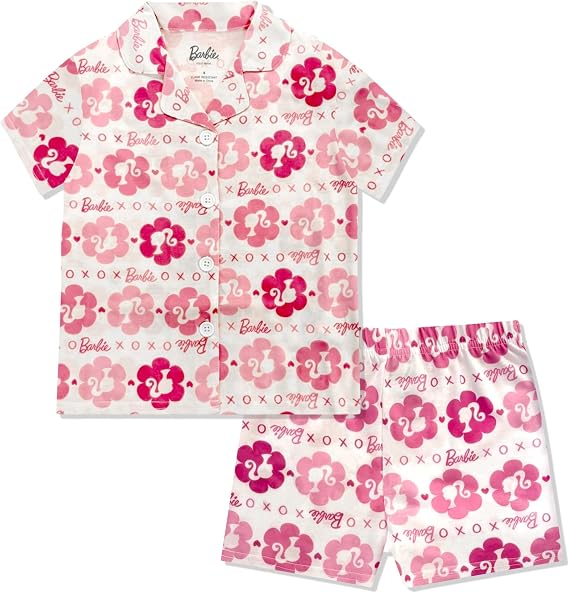 Barbie Girls Pajama Set - 2 Piece Cozy Girls Pjs with Button Down Short Sleeve & Shorts For Kids - Official Product