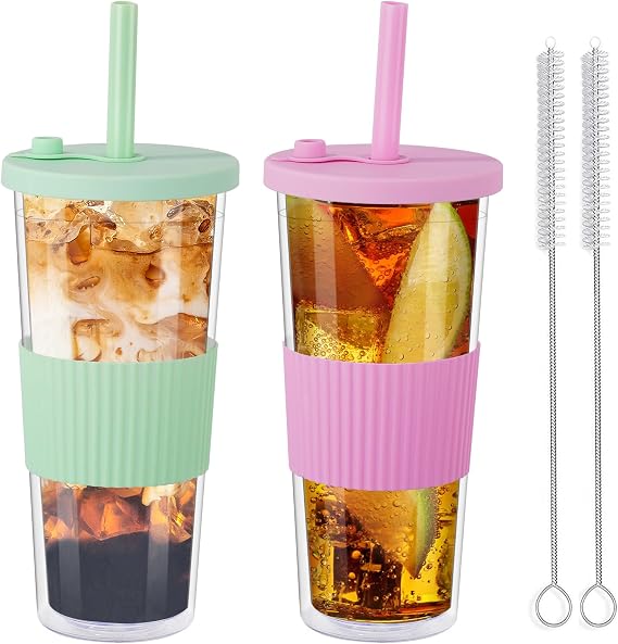 2 Pack Reusable Boba Tea Cups, 750ml/24oz Clear Water Tumbler with Straw & Lid, Leakproof Clear Plastic Mug Cup, Double Wall Smoothie Tumbler with Wide Straw for Bubble Tea, Milkshake, Iced Coffee